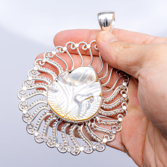 Mother of pearl pendant bail, .925 sterling silver filigree with iridescent oval cabochon