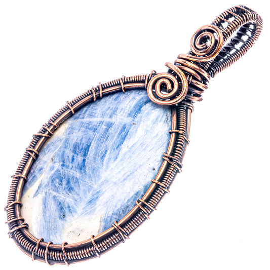 Kyanite wire wrap pendant with oval blue kyanite and oxidized copper wire border