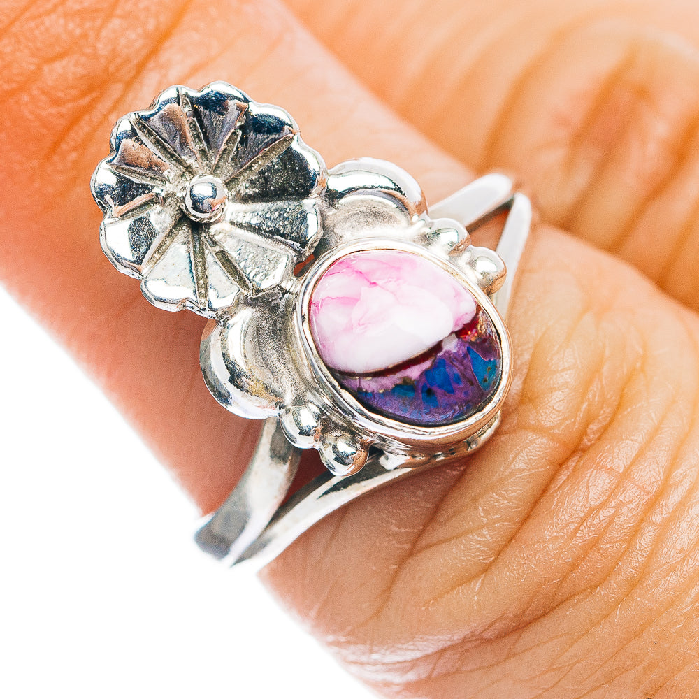 Southwestern Style Pink Dahlia Turquoise Ring Size 7 (.925 Sterling Silver)