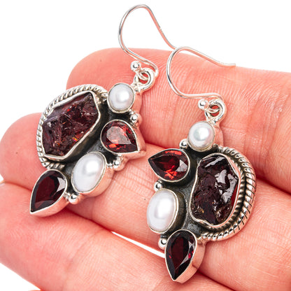Premium Rough Garnet, Cultured Pearl Earrings 1 5/8" (925 Sterling Silver) E1250