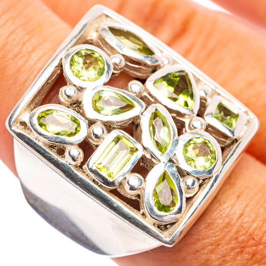 Sterling silver peridot ring, oval and pear cut green stones in ornate square bezel