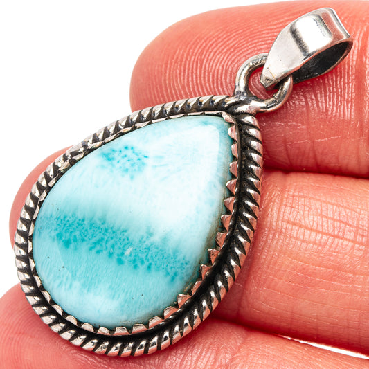 Sterling silver larimar teardrop pendant with scalloped edge and textured bail