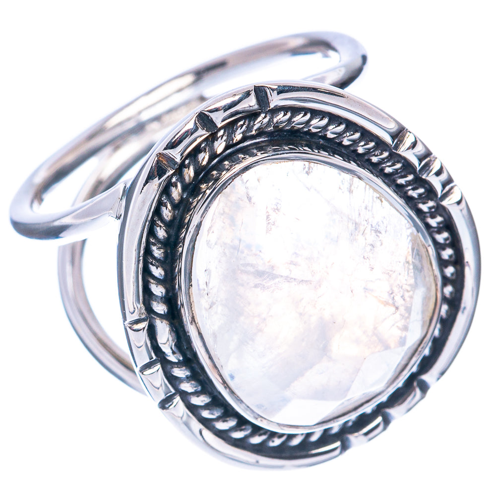 Sterling silver moonstone ring, oval stone in detailed rope-style bezel, side view