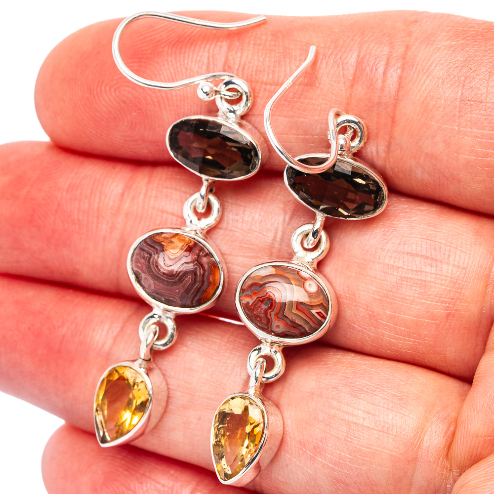Premium Laguna Lace Agate, Smoky Quartz, Citrine Earrings 2" (.925 Sterling Silver)