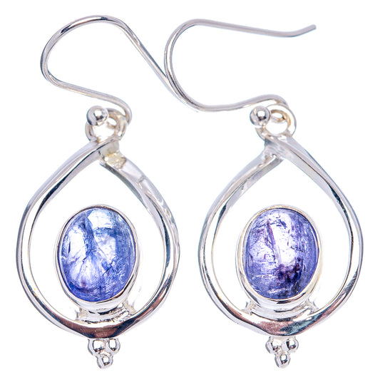 Sterling silver tanzanite dangle earrings, blue oval gemstones in teardrop frames with hook