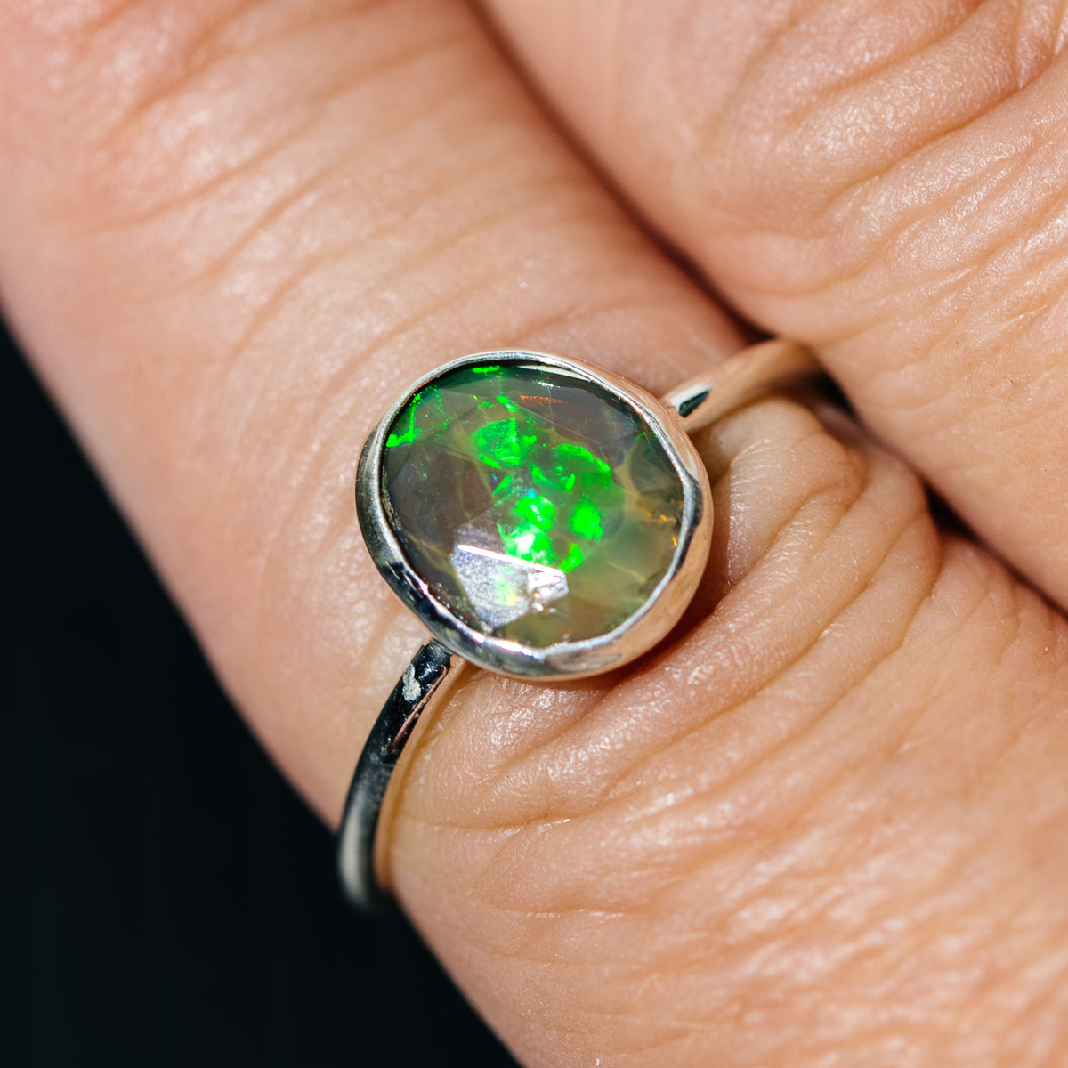 Black Ethiopian Opal Dainty Ring Size 8.75 (.925 Sterling Silver)