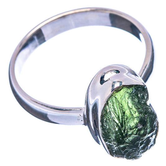Sterling silver ring with oval green moldavite stone set in bezel
