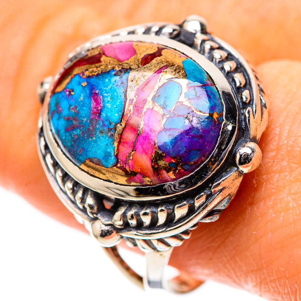Oval inlay sterling silver ring with pink, blue, turquoise stone and ornate band details