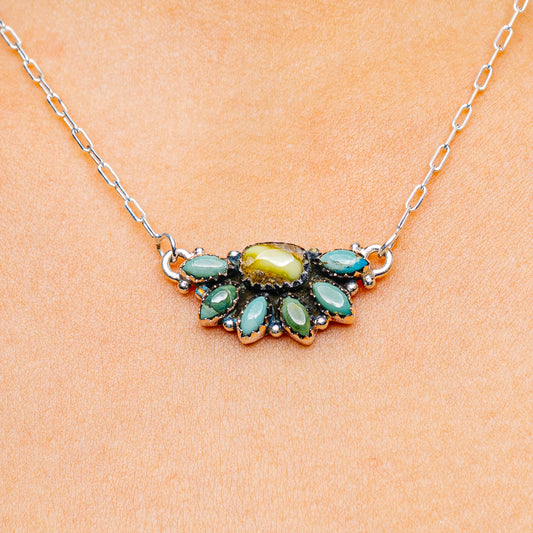 Turquoise stone cluster pendant necklace with .925 sterling silver chain and teardrop gems