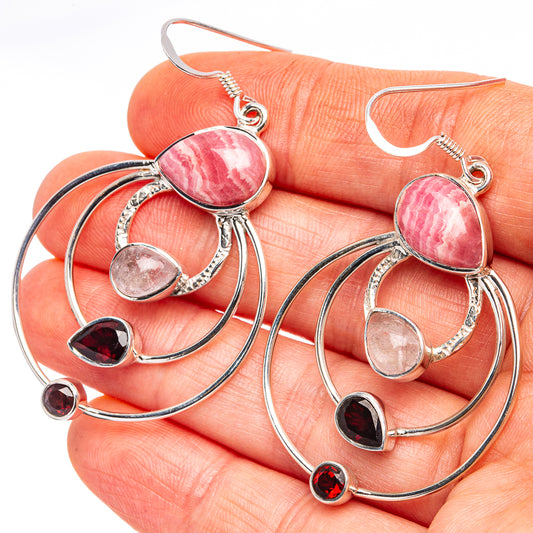 Sterling silver dangling earrings with pink and red oval gemstone cabochons