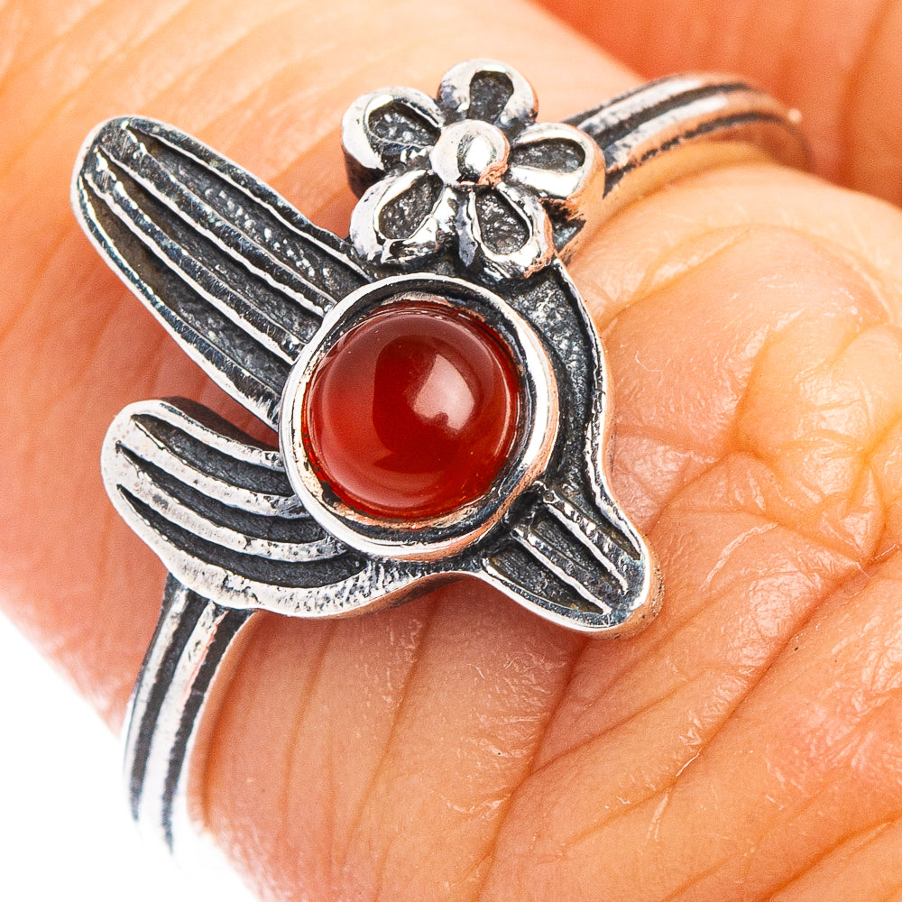 Sterling silver cactus dainty ring with round red carnelian center and flower details