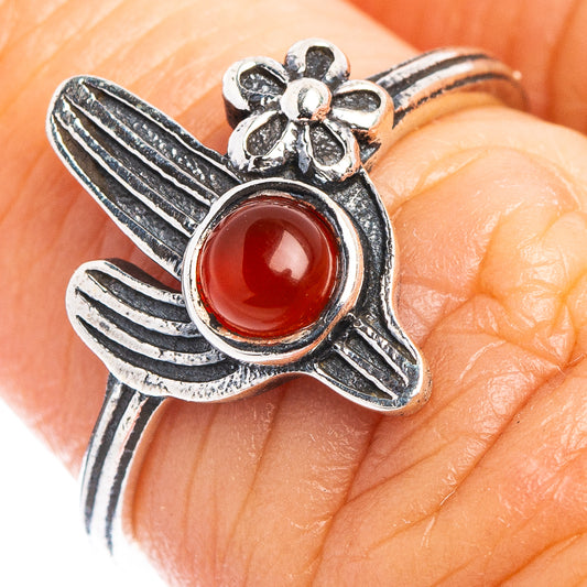 Sterling silver cactus dainty ring with round red carnelian center and flower details