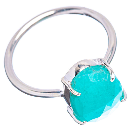 Sterling silver ring with turquoise-blue amazonite gemstone, prongs on round band.