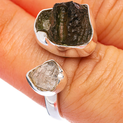 Rare Czech Moldavite, Herkimer Diamond Ring Size 6 Adjustable (925 Sterling Silver) R145569