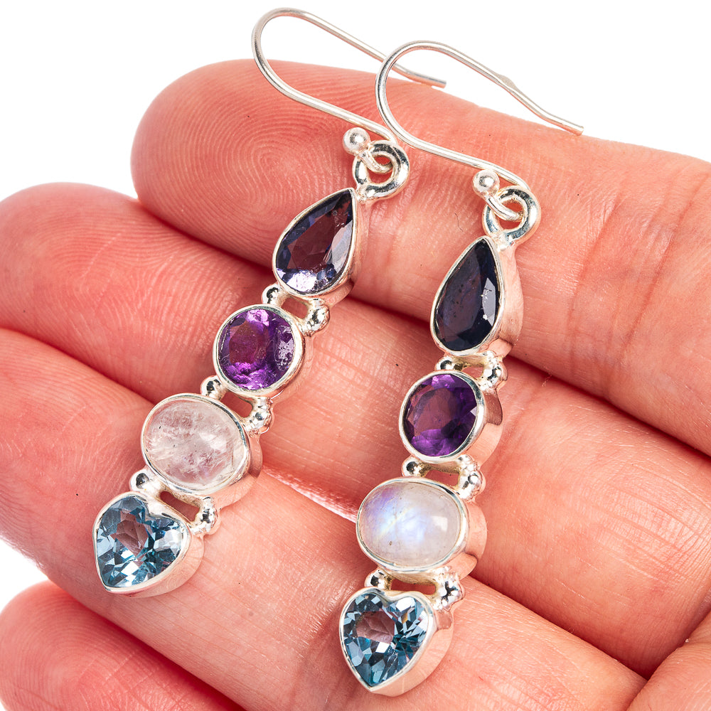 Sterling silver dangle earrings with teardrop gemstones: blue, purple, pink, dark navy