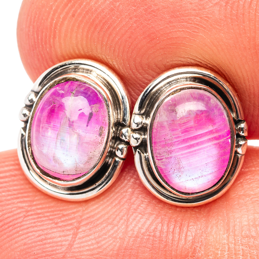 Oval pink gemstone stud earrings, sterling silver bezel with round frame