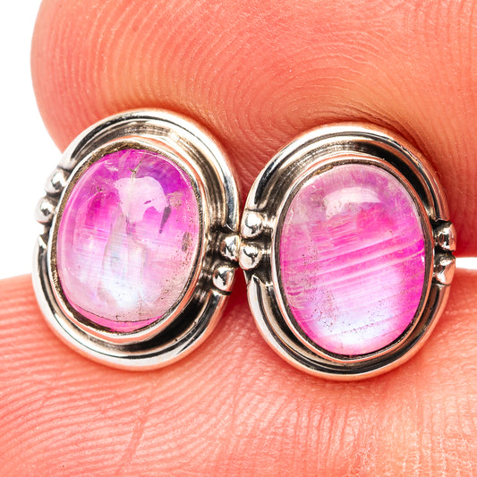 Oval pink gemstone stud earrings, sterling silver bezel with round frame