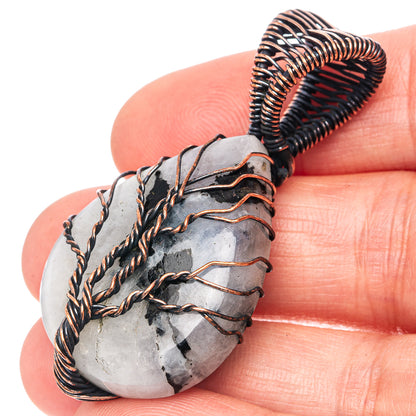 Rainbow Moonstone with Black Tourmaline Tree of Life Pendant 1 7/8" (Oxidized Copper)