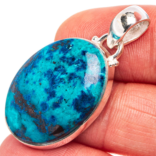 Oval blue turquoise shattuckite pendant in 925 sterling silver bezel