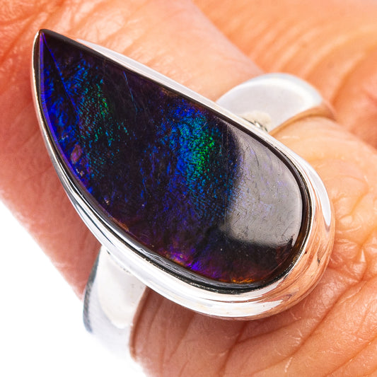 Sterling silver teardrop ammolite ring with deep blue-purple-green iridescent stone