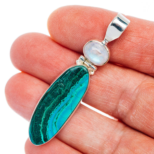 Sterling silver pendant with teardrop green chrysocolla stone and light blue moonstone top