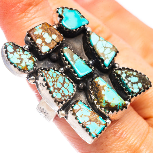 Turquoise and black stone inlay adjustable sterling silver ring, side view on hand