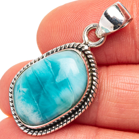Blue larimar teardrop pendant, .925 sterling silver rope bezel