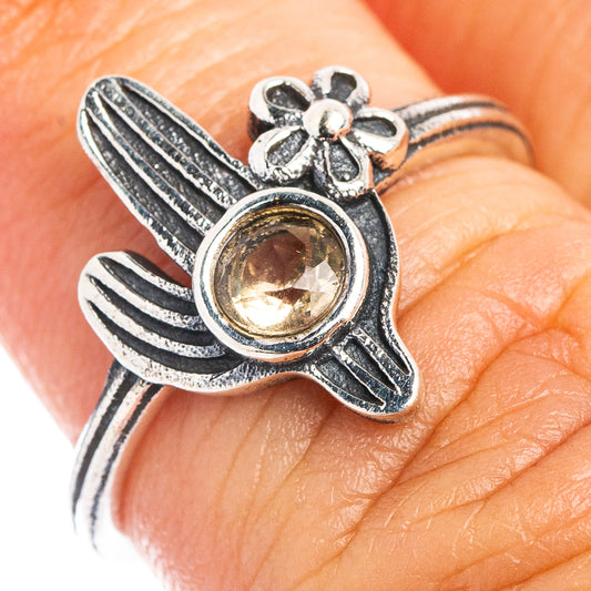 Sterling silver cactus dainty ring with round citrine gemstone and flower detail