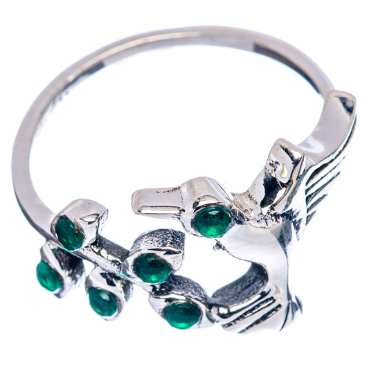 Sterling silver hummingbird design ring with green onyx accents and openwork band, 6.75
