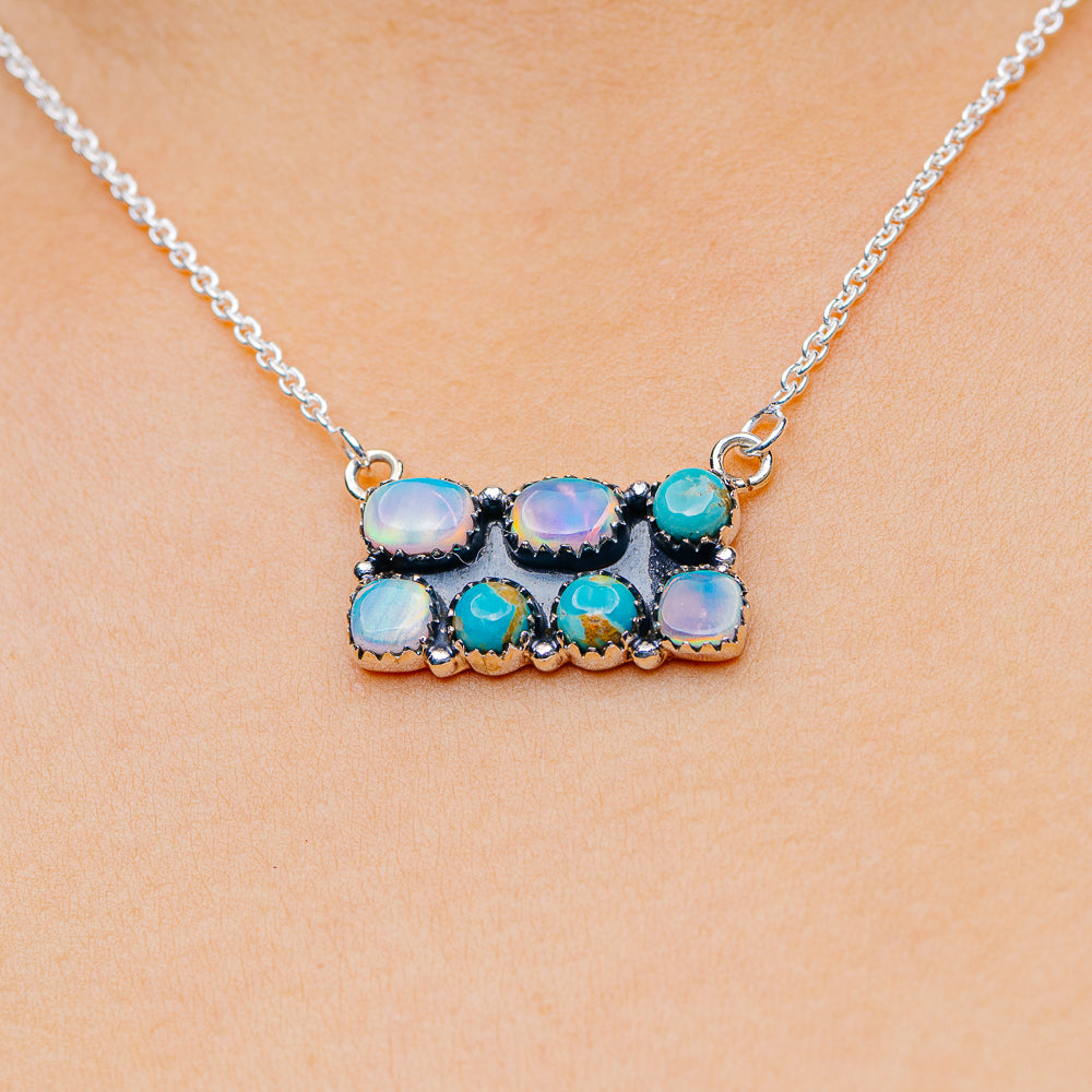 Southwestern Style Aurora Opal, Mohave Turquoise Necklace 17 to 19" (.925 Sterling Silver)