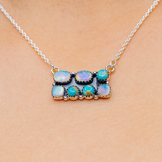 Southwestern Style Aurora Opal, Mohave Turquoise Necklace 17 to 19" (.925 Sterling Silver)