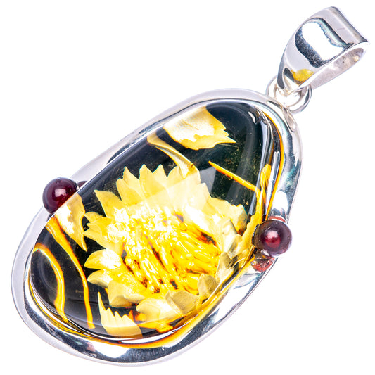 Amber Intaglio Sunflower Pendant 1 3/4" (925 Sterling Silver) P42572