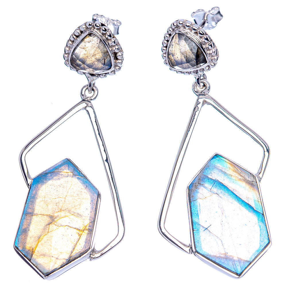 925 sterling silver labradorite drop earrings with pear tops and hexagon dangling frames