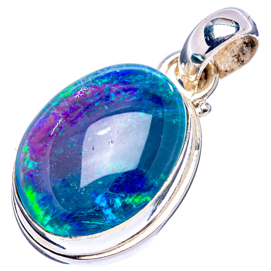 Oval opal pendant in .925 sterling silver with bail, vivid blue-green flash