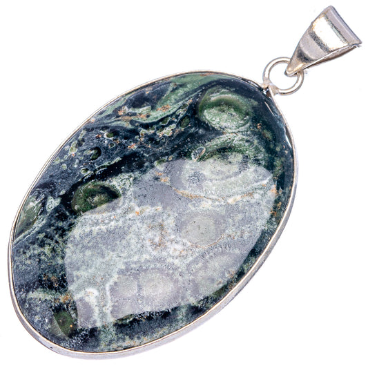 Silver-plated oval galaxy jasper pendant with bail, mottled dark blue and gray stone.
