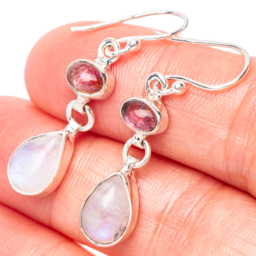 Pink tourmaline and moonstone teardrop sterling silver dangle earrings on hooks