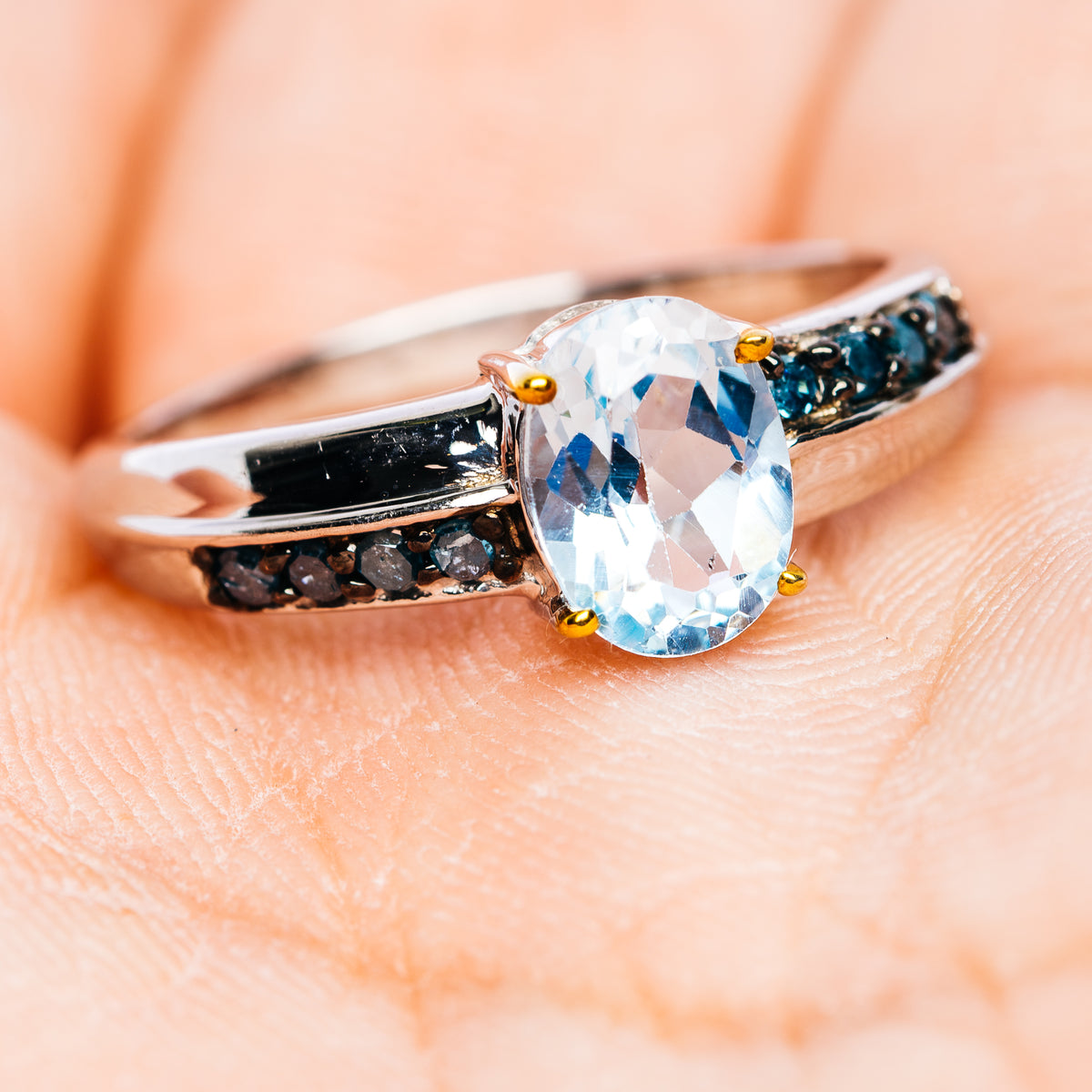 Blue Topaz, Blue Diamond Ring Size 7.75 (.925 Sterling Silver)