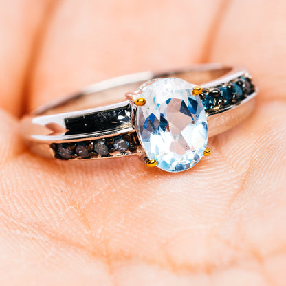 Blue Topaz, Blue Diamond Ring Size 7.75 (.925 Sterling Silver)