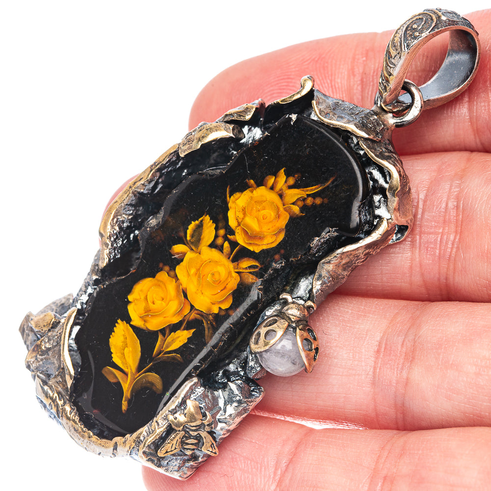 Ana Silver Co Baltic Amber Cameo Pendant 2 5/8" (925 Sterlnig Silver)