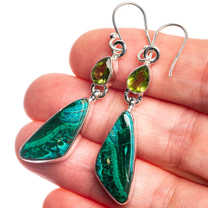 Malachite In Chrysocolla, Peridot 925 Sterling Silver Earrings 2 1/8"
