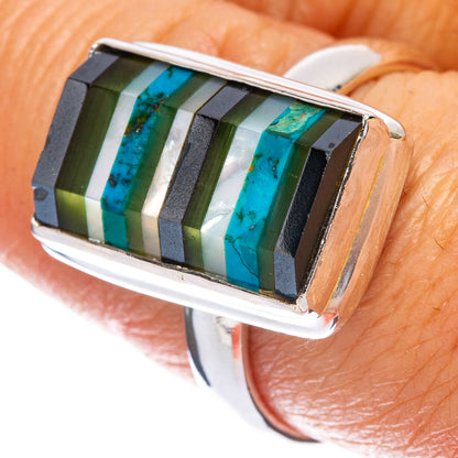 925 sterling silver ring with rectangular green-blue striped inlay, on finger