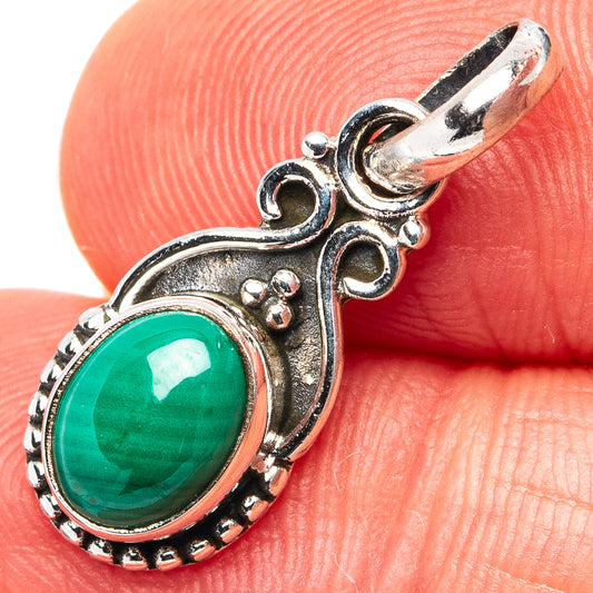 Sterling silver malachite oval dainty pendant with ornate bezel and bail