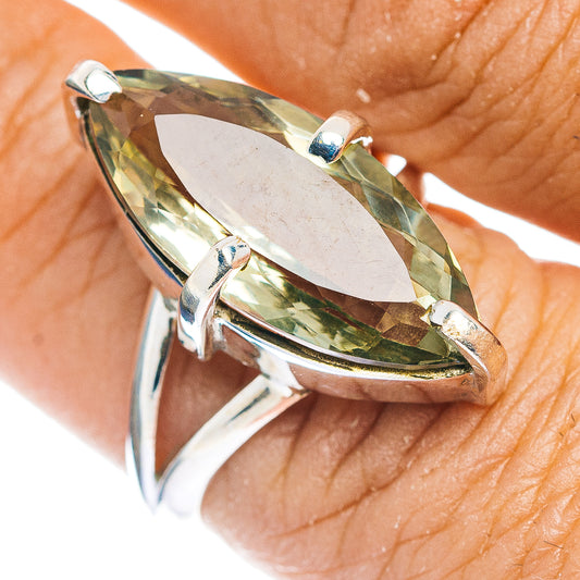 Marquise-cut green amethyst bezel set in .925 sterling silver band, close-up angle