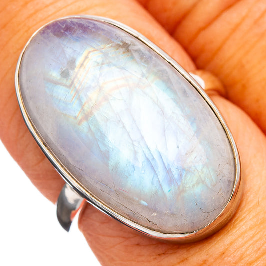 Oval moonstone cabochon ring with iridescent rainbow sheen, .925 sterling silver