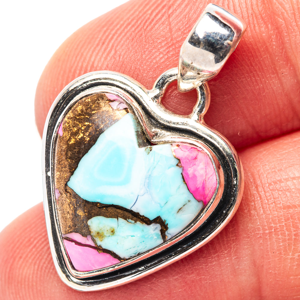 Sterling silver heart pendant with turquoise and pink stone inlay, loop bail at top