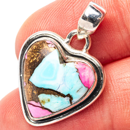 Sterling silver heart pendant with turquoise and pink stone inlay, loop bail at top
