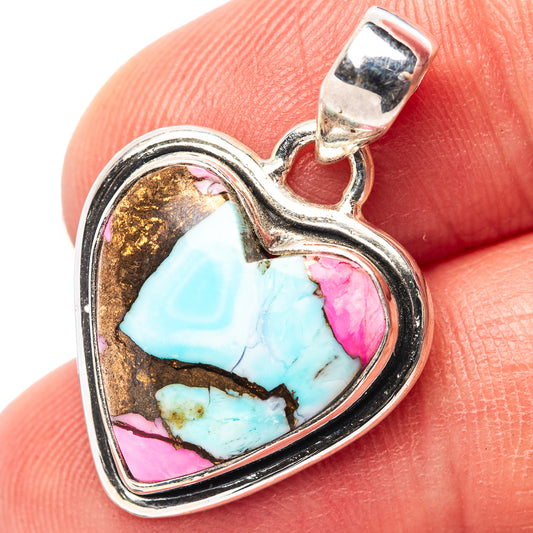 Sterling silver heart pendant with turquoise and pink stone inlay, loop bail at top