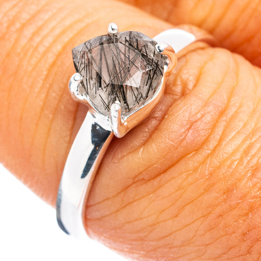 Sterling silver ring with large faceted tourmalinated quartz stone on top