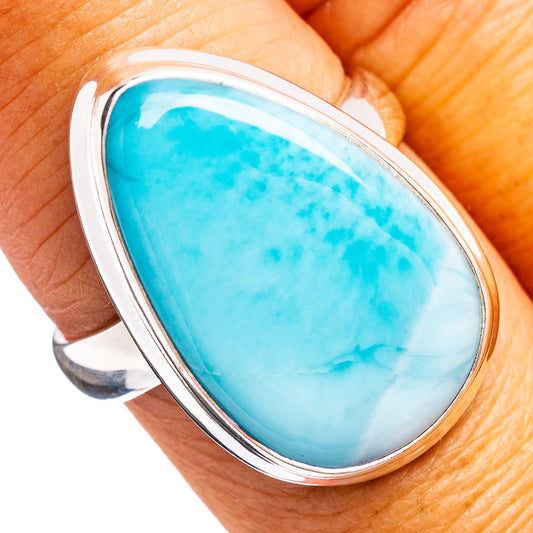 Sterling silver larimar ring with oval blue teardrop gemstone