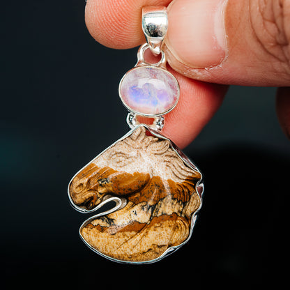 Premium Picture Jasper Horse, Rainbow Moonstone Pendant 1 3/4" (.925 Sterling Silver)
